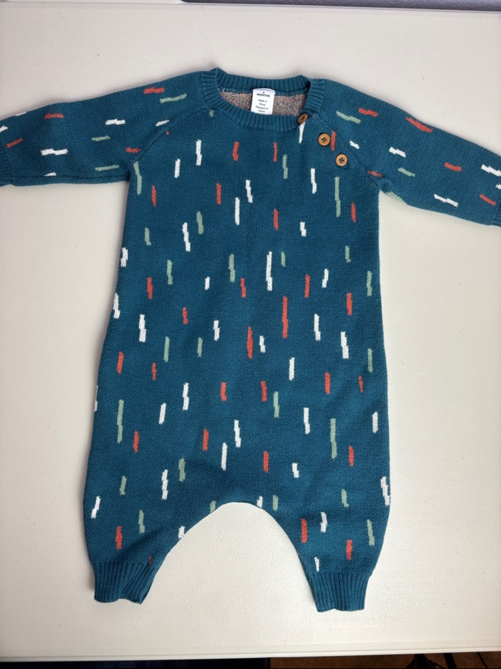 Nordstrom Teal Knit Baby One-Piece with Multicolor Dash Accents